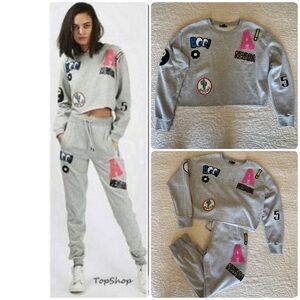 Topshop Gray Graphic Patch Sweatshirt and Joggers Set
